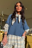 Agnes Plaid Brushed Cotton Neckerchief Blouse Blue